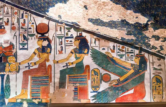 Tomb mural of three goddesses Isis, Nephthysand Ma'at. Isis and Nephthysand are seated on chairs and are holding an Ankh, whilst Ma'at kneels with outstretched wings.
