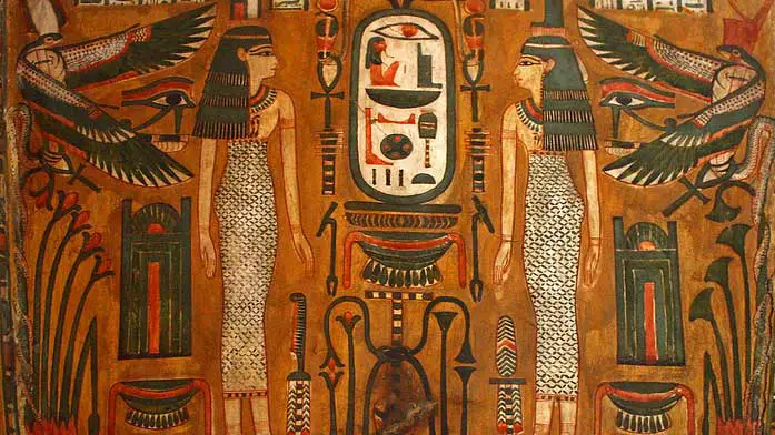 Depiction of Nephthys and Isis flanking the name of Osiris on the inside of a wooden coffin